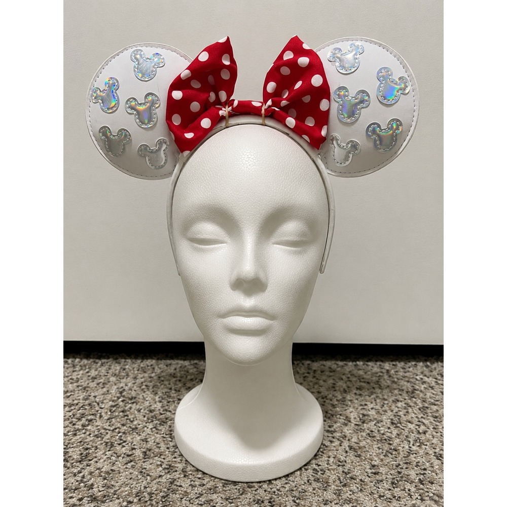 Disney Minnie Mouse White Iridescent Mickey Ears Headband‎ Red Polka Dot Bow NEW